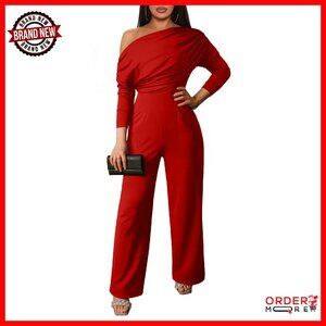 Long Sleeve Off Shoulder Wide Leg Jumpsuit - High Waist Zipper Back